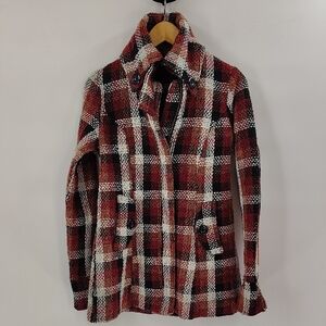 Love Stitch Women's Pea Coat Medium Plaid Black Red White Long Sleeve